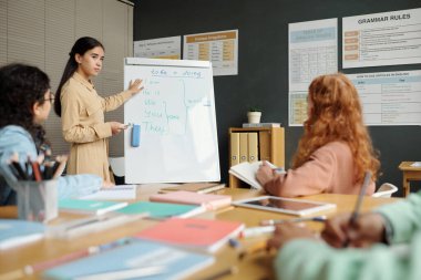 Genç kendine güvenen öğretmen İngilizce dil bilgisi kurallarıyla tahtada duruyor ve öğrencilere açıklarken onlardan birini işaret ediyor.