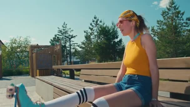 Medium Full Shot Three Tired Happy Teenage Girls Riding Quad — Stock Video