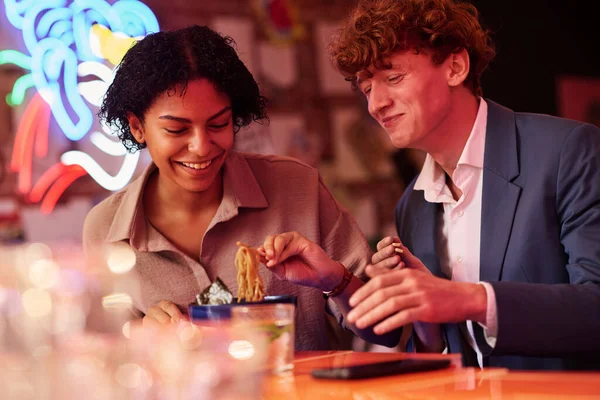 Happy Young Dates Colleagues Sitting Table Japanese Cafe Bar Having — Stock Photo, Image