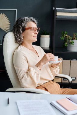 Ofiste kameranın önünde oturmuş, kısa moladan keyif alırken bej bluzlu, elinde kahve fincanı olan olgun, dingin bir işveren.