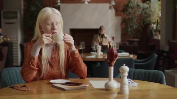 Z白化病妇女坐在餐馆餐桌旁享用卡布奇诺的选择性聚焦媒体画像 — 图库视频影像
