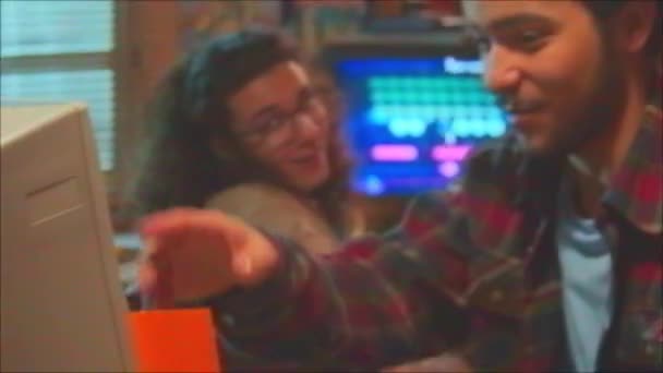 Handheld Zoom Out Vhs Shot Two Joyful Young Men Chatting — Stock Video