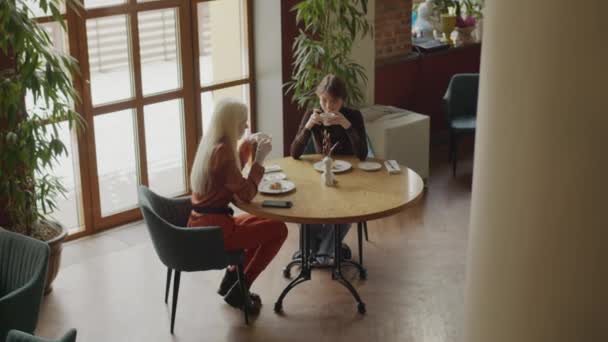 两个不同的Z型女友坐在现代咖啡馆的桌旁 喝着卡布奇诺 聊着天 拍了一张长长的长照 — 图库视频影像
