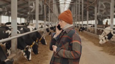 Modern olgun Kafkas kadın çiftlik sahibi ahırda dikilip telefonla konuşuyor, orta ölçekli.