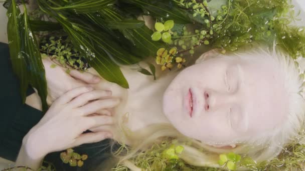 Πάνω Προς Κάτω Εννοιολογικό Πορτρέτο Της Νεαρής Γυναίκας Albino Ξαπλωμένη — Αρχείο Βίντεο