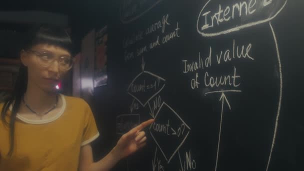20世纪90年代初创的自信的女性It专家在黑板上描绘工作计划并与同事讨论 — 图库视频影像