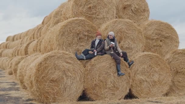 冷たい秋の昼に屋外で干し草に座っている夫婦のワイドショット — ストック動画