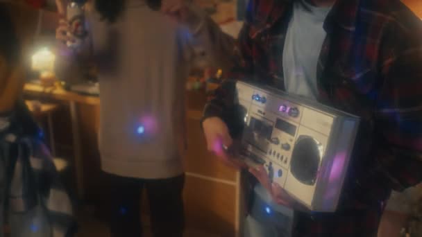 Young Middle Eastern Man Turning Music Boombox Dancing His Caucasian — Stock Video