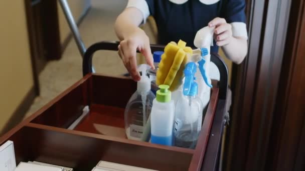Przycięte Ujęcie Pokojówki Przygotowującej Się Sprzątania Pokoju Hotelowym Specjalnymi Chemikaliami — Wideo stockowe