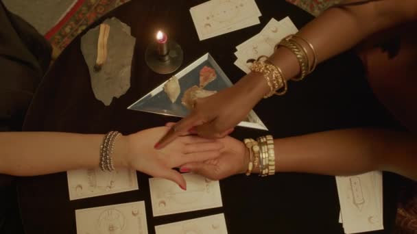 Top View Fortune Tellers Hands Tracing Lines Palm Female Client — Stock Video