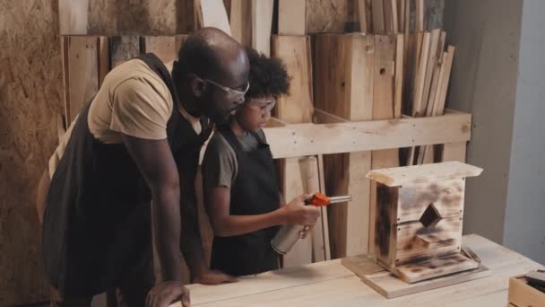 Africké Americké Dítě Spalující Ručně Vyráběné Ptačí Budky Spolu Otcem — Stock video