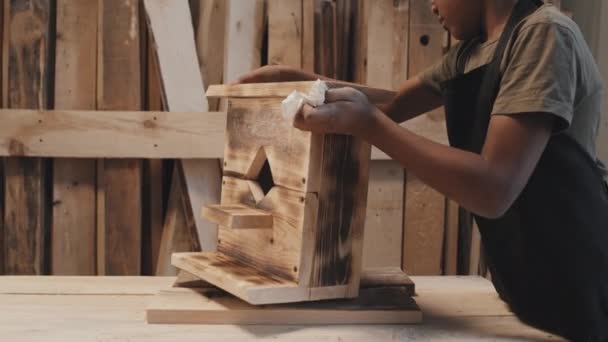 Африканський Американський Підліток Закінчує Виготовлення Пташиного Будиночка Ручної Роботи Столярній — стокове відео