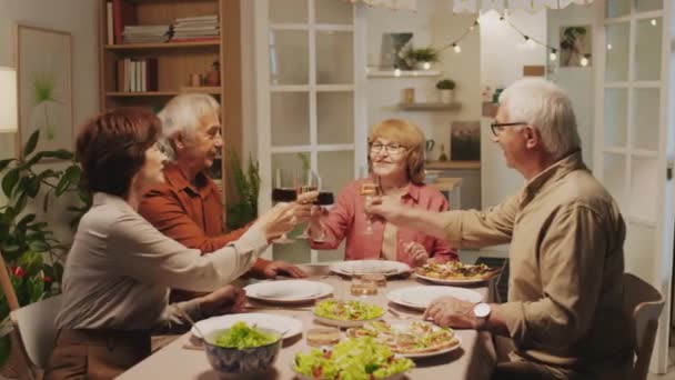 Medium Long Shot Company Senior Couples Clinking Glasses Sitting Festive — Stock Video