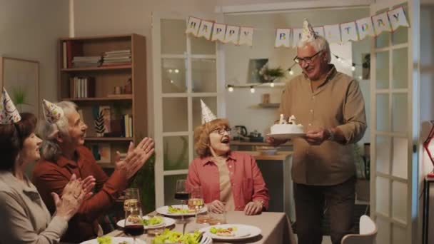 Long Shot Positive Senior Husband Bringing Birthday Cake His Wife — Stock Video