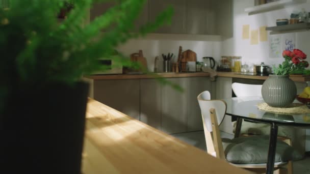 Середній Знімок Кухонного Інтер Єру Скляним Круглим Столом Ваза Квітами — стокове відео