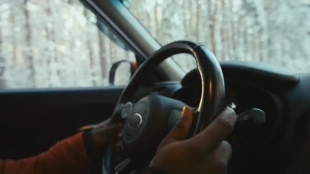 Großaufnahme Männlicher Hände Die Winter Waldgebiet Auto Mit Lenkrad Fahren — Stockvideo