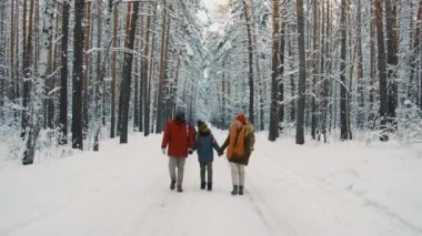 Anne, baba ve oğulun birlikte seyahat ederken, kameraya yaklaşırken, karlı yolda yürüdükleri uzun bir çekim.