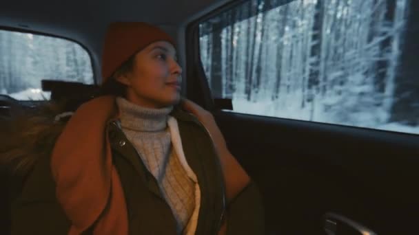中等比例的女乘客头戴帽子 身穿保暖衣服 坐在车里 望着窗外白雪覆盖的树木 — 图库视频影像