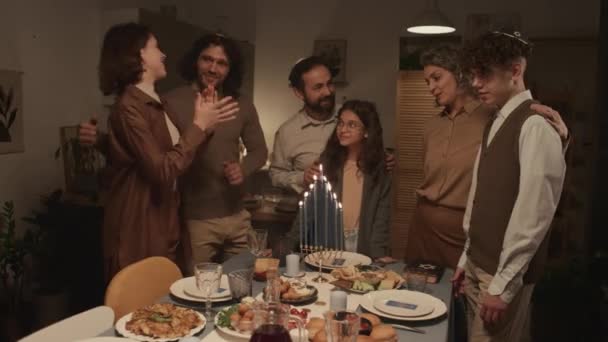 Full Shot Happy Jewish Family Six Standing Festive Table Traditional — Stock Video