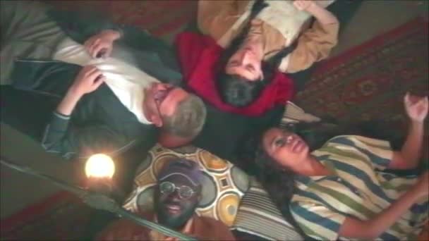 Vhs Shot Ethically Diverse Young Squatters Relaxing Together Mats Floor — Vídeo de stock