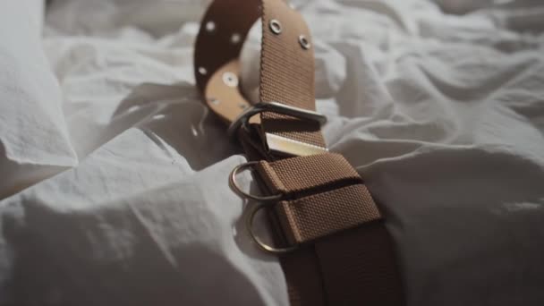 Close Shot Part Bed Psychiatric Hospital Brown Belts Restrain Insane — Stock Video