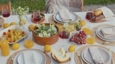 Yüksek açılı yemek masası görüntüsü. Lezzetli vejetaryen yemekleri, meyve suyu ve yaz günü açık havada kırmızı şarap.