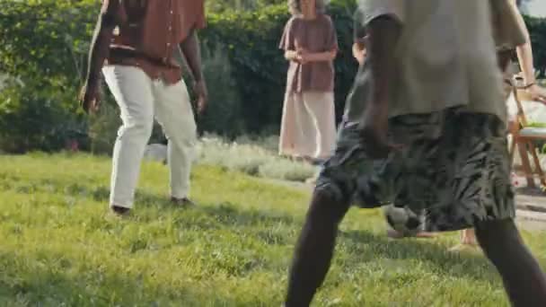 現代のアフリカ系アメリカ人とコーカサス人の家族はサッカーを楽しんでいる裏庭で夏の日を過ごします — ストック動画