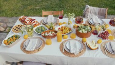 Yüksek açı, yaz günü arka bahçede vejetaryen yiyecek ve içeceklerle çekilen yemek masası görüntüsü yok.