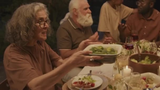 ครอบคร ความหลากหลายทางเช อชาต ยใหม เพล ดเพล บอาหารค าฉลองในสวนหล านในตอนเย นฤด — วีดีโอสต็อก