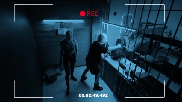 Cgi高角度刺伤央视拍摄武装年轻夫妇抢劫当铺及检测监控摄像头 — 图库视频影像
