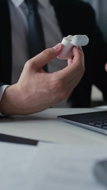 Vertical Closeup Shot Unrecognizable Businessmans Hands Taking Earbuds Earphone Case — Stock Video