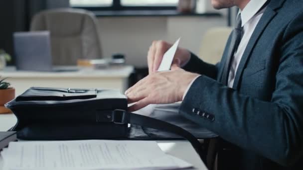 Side Cropped Shot Unrecognizable Businessman Taking Paperwork Laptop Out Briefcase — Stock Video