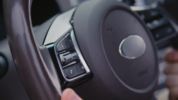 Closeup Side Shot Drivers Hand Answering Call Car Using Talk — Stock Video