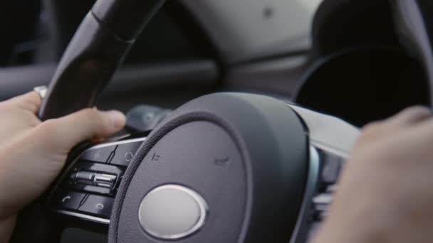 Macro Closeup Shot Unrecognizable Driver Turning Steering Wheel While Driving — Stock Video