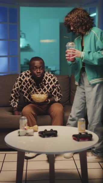 Vertical Shot Gen Diverse Couple Bringing Unhealthy Snacks Soda Taking — Stock Video