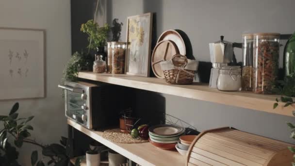 Part Cozy Kitchen Interior Wooden Shelves Various Jars Plates Kitchenware — Stock Video