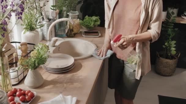 Incliner Plan Femme Caucasienne Moderne Nettoyage Son Comptoir Cuisine Pulvérisation — Video