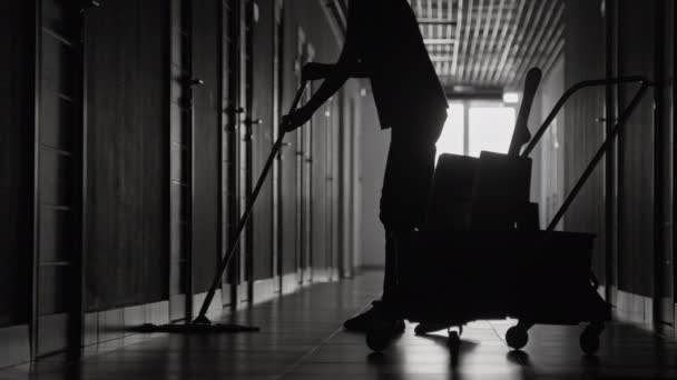 Cropped Shot Figure Dark Hallway Cleaning Floors Mop — Stock Video