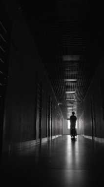 Hademeler üniformalı tanınmayan bir erkek figürünün siluetinin dikey görüntüsü tramvayı temizlik malzemesiyle itiyor.