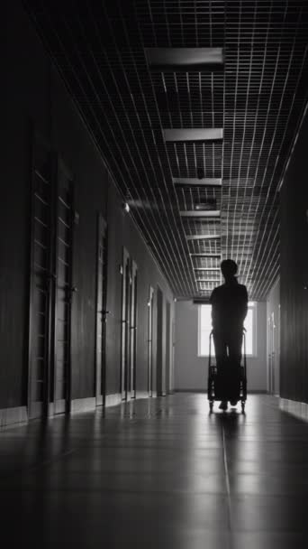 Colpo Verticale Silhouette Bidello Donna Che Entra Corridoio Scuro Ospedale — Video Stock