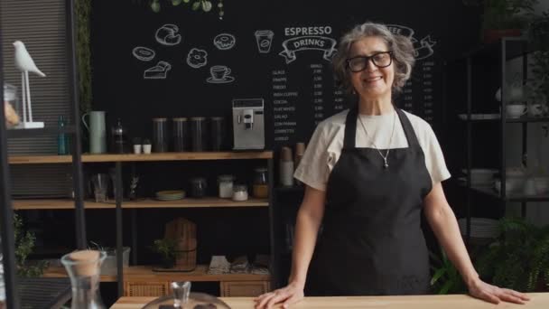 カメラを見ている喫茶店のカウンターの後ろに立っている メガネと黒いエプロンを着た幸せな高齢女性の肖像画 — ストック動画
