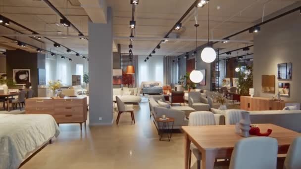 Dolly Shot Vast Furniture Showroom Filled Different Pieces Furniture Various — Stock Video