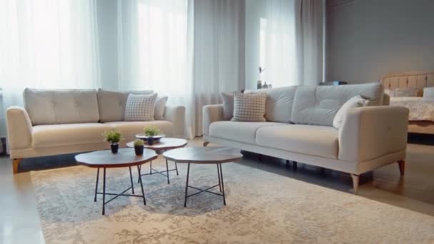 Design Interiores Luxuoso Sala Estar Cores Brancas Bege Com Dois — Vídeo de Stock