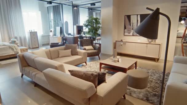 舒适的米色套间公寓室内设计 舒适的沙发和扶手椅围坐在咖啡桌旁 — 图库视频影像