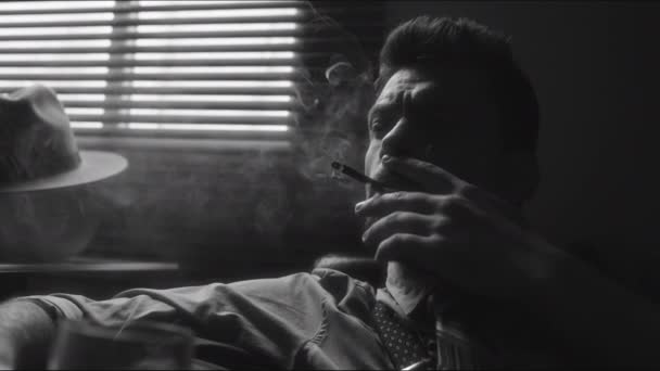 在思前想后后悔一辈子坐在室内沙发上抽烟喝酒的白人沉默寡言的男人的单色照片 — 图库视频影像