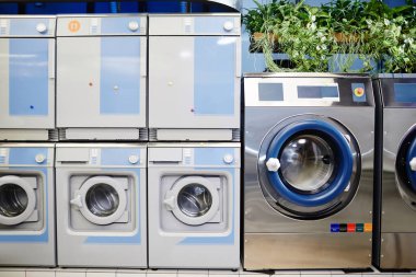 Yeni beyaz ve mavi çamaşır makineleri en üstteki saksılarda yetişen yeşil evcil bitkilerin yanında duruyor.