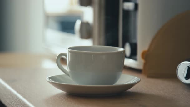 Side Stab Closeup Hands Taking Porcelain Cup Hot Brewed Coffee — Stock Video