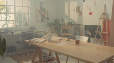Zoom, atölyede, soyut alçı sanat eserleri ve heykel aletleriyle, parlak güneşli bir sabahta, duvarlardaki resimlerle, hiç bir sanatçının resmini fazla göstermedi.