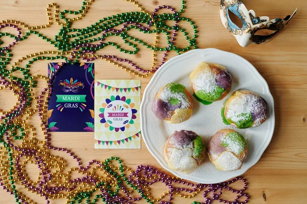 Venetian Mask Mardi Gras Postcards Tasty Berliner Donuts Colorful Beads — Stock Photo, Image