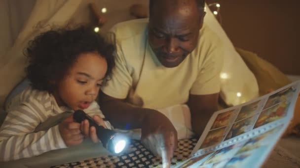 Közepes Kézifegyveres Felvétel Afro Amerikai Apáról Amint Képregényt Olvas Illusztrációkat — Stock videók